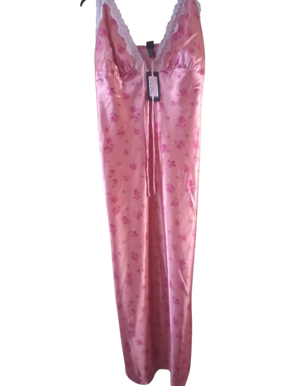 NWTSalmon Pink Satin Lace Trim Nightgown Dress Size L Lingerie Fairy Cottagecore